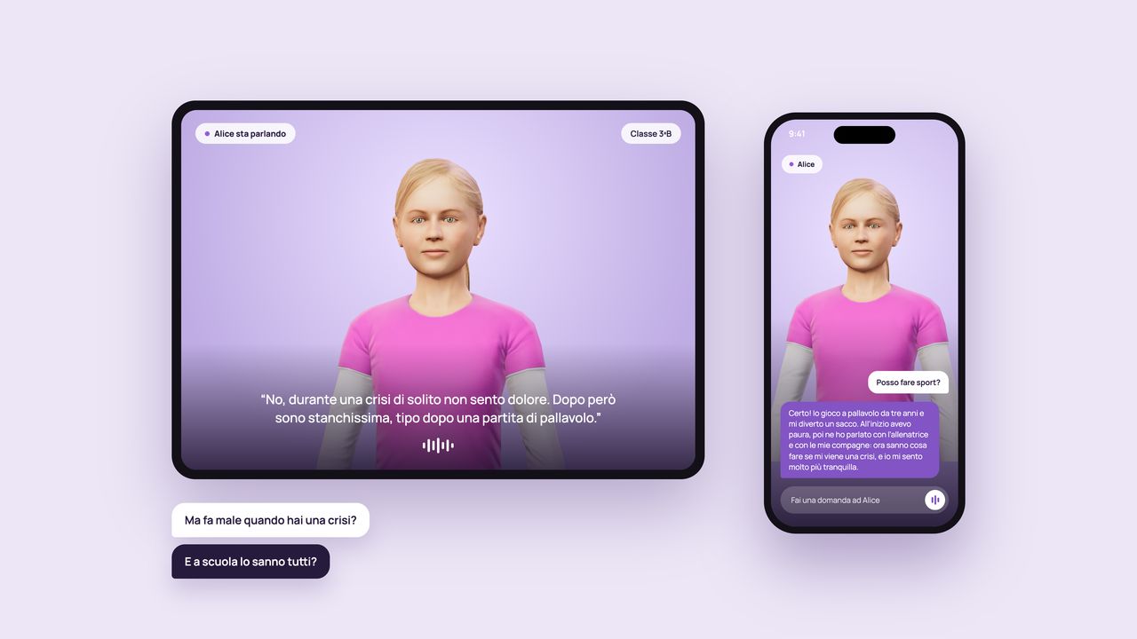 L’avatar Alice che parla con una classe, su tablet e telefono