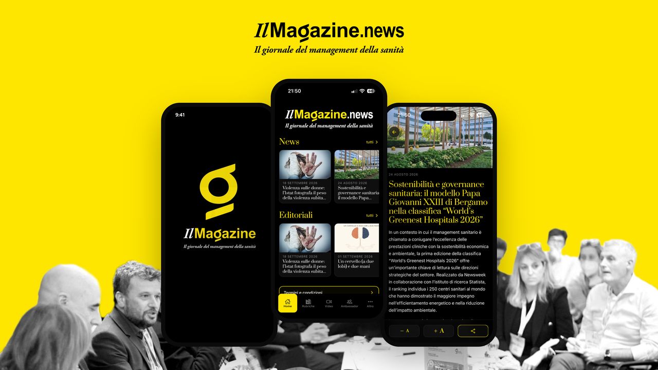 L’app di Il Magazine su tre telefoni: copertina, elenco delle notizie e un articolo aperto