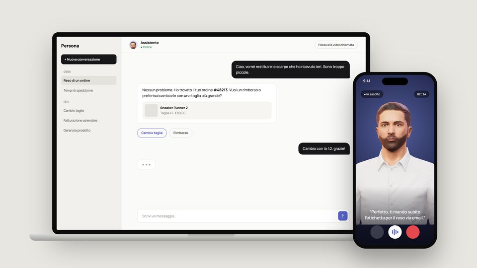 Persona che gestisce il reso di un ordine in chat, e la stessa conversazione con l’avatar parlante sul telefono
